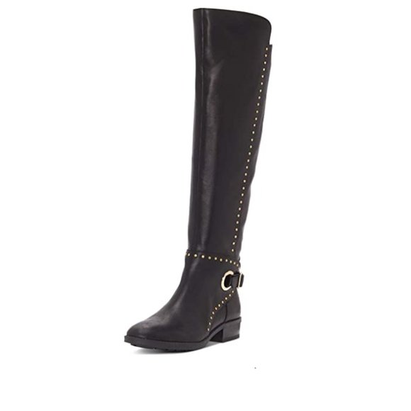 Black Round Toe Pull On Studs Low Stacked Heel Knee High Boots - Picture 1 of 10